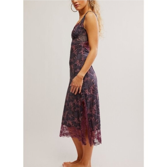 Free People Midi Slip/Dress in Deep Charcoal with Dusty Rose Floral - Picture 4 of 5